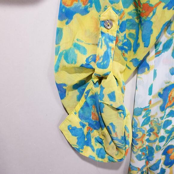 Figueroa & Flower Shirt Womens Large Multicolor Floral Sheer Tunic Roll Tab - Picture 3 of 9